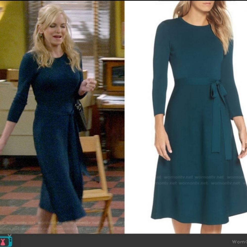 Eliza J Teal Long Sleeve Fit-and-Flare Dress